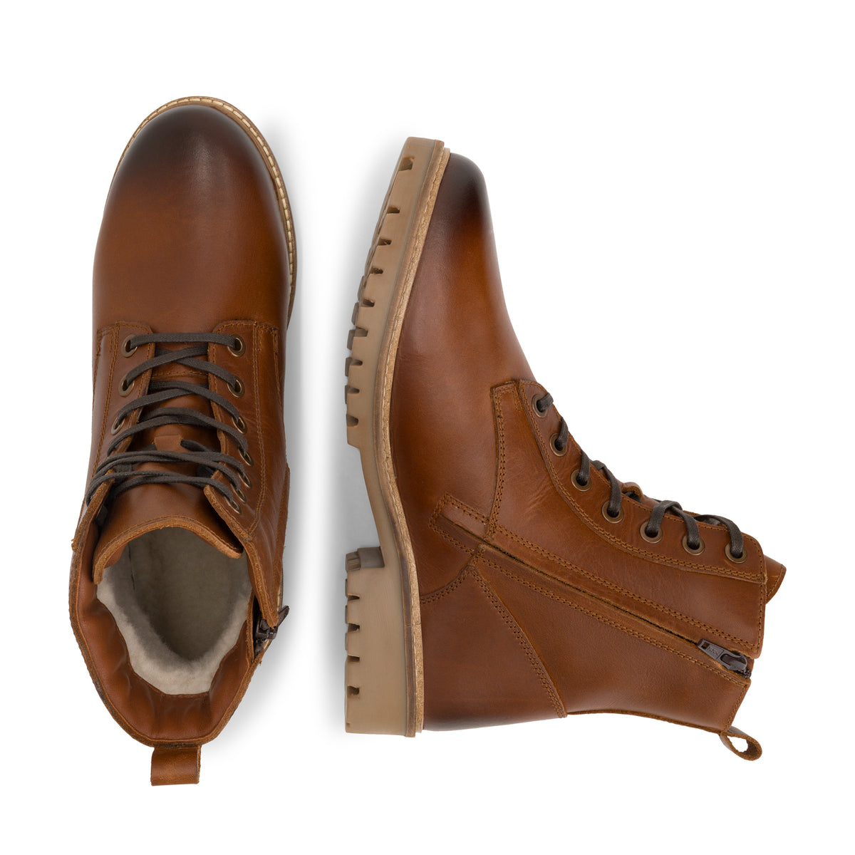 Rosendal Men - Lace-up boots with zipper - Wool-lined - Cognac UPD